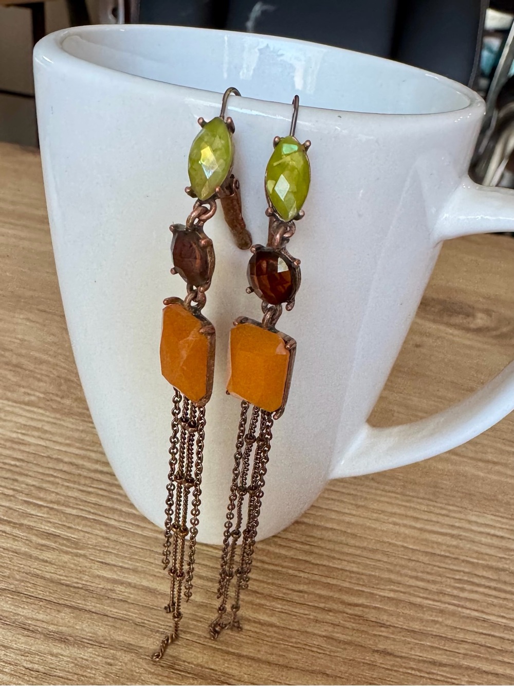Vintage Autumn Earth Tone Chandelier Dangle Drop Earrings Leverback Fringe
